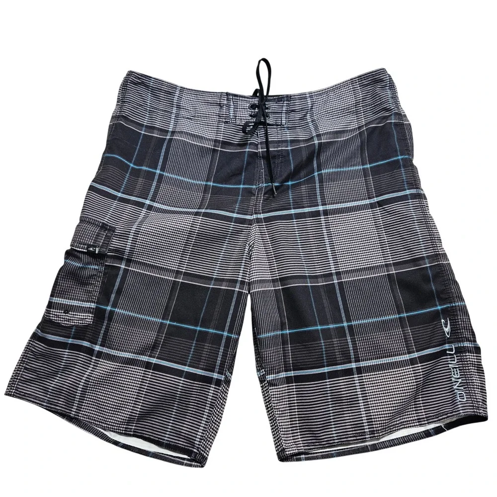 ONeill Mens Plaid Board Shorts Black White Blue Cargo Pocket Size 36‎ 14106702